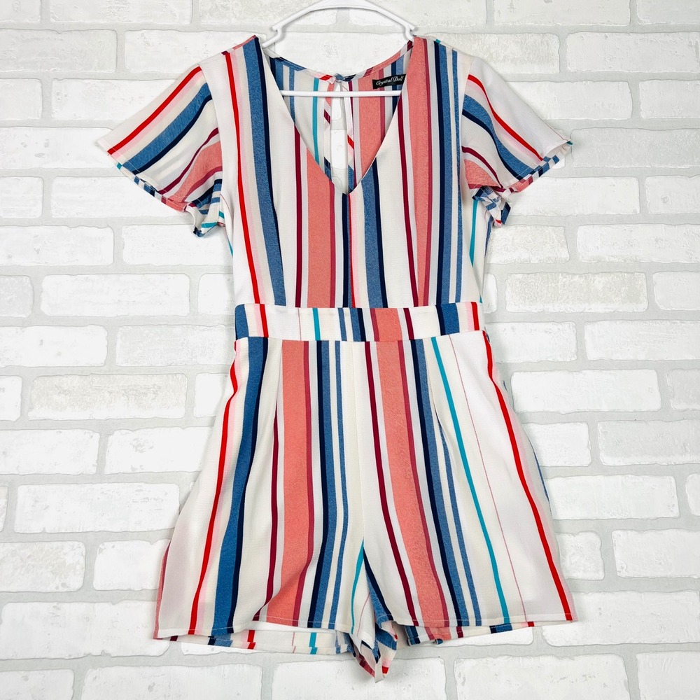 Crystal Doll Women Striped V-Neck Romper Flutter Sleeve Tie Back Multicolor Sz 9